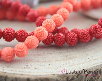 4x geschnitzte Blumen Perlen 8 mm synth. Koralle rot oder -korallfarben, Lotus Perlen, Armband Perlen Lotus