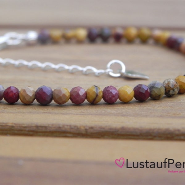 Gemstone bracelet made of tattooed Mookaite beads 3 mm with sterling silver extension chain