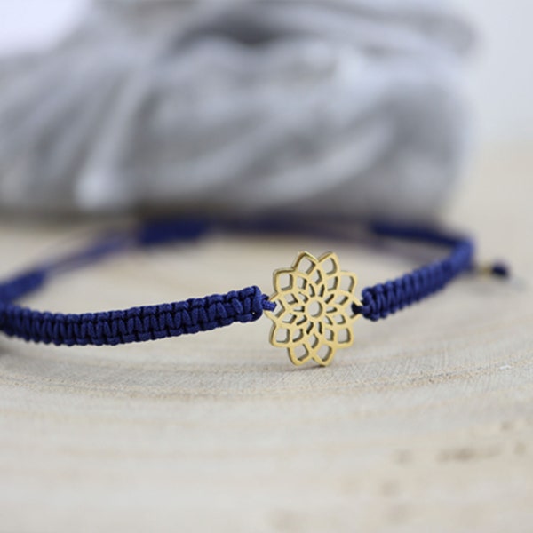 Macramé bracelet blue with stainless steel mandala, minimal bracelet blue