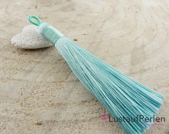 1x tassel made of polyester 78-82 mm turquoise, tassel pendant, long tassel, mala tassel