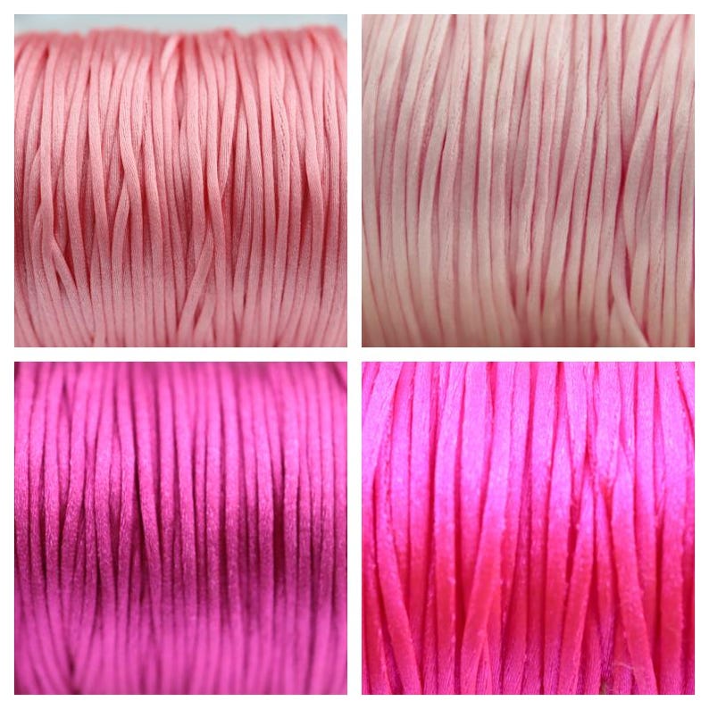 May include: Close-up of four spools of waxed cord in pink and fuchsia shades. The cord is smooth and shiny, perfect for crafting and jewelry making.