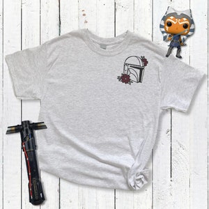 Mandalorian Helmet with flowers inspired t-shirt embroidery - grey/black
