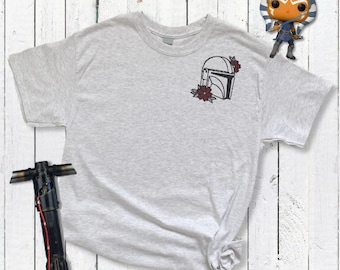 Mandalorian Helmet with flowers inspired t-shirt embroidery - grey/black