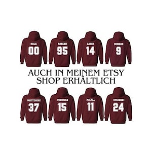 May include: Burgundy hooded sweatshirts with white numbers and names printed on the back. The names include Hale, Raeken, Lahey, Dunbar, Whittemore, Yukimura, McCall, and Stilinski. The numbers include 00, 95, 14, 9, 37, 15, 11, and 24. The text "AUCH IN MEINEM ETSY SHOP ERH&Auml;LTLICH" is printed below the sweatshirts.