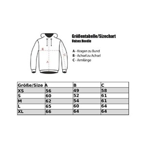 May include: Size chart for a unisex hoodie in various sizes, showing measurements in centimetres for the neck to hem, armpit to armpit, and sleeve length.