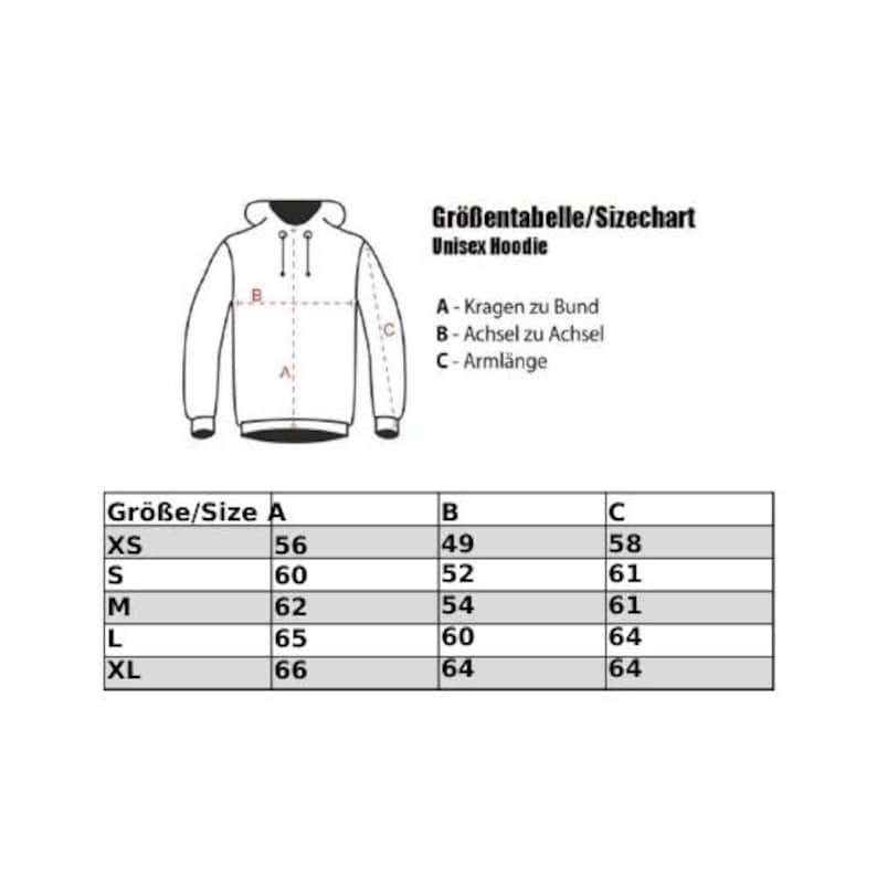 May include: Size chart for a unisex hoodie in various sizes, showing measurements in centimetres for the neck to hem, armpit to armpit, and sleeve length.