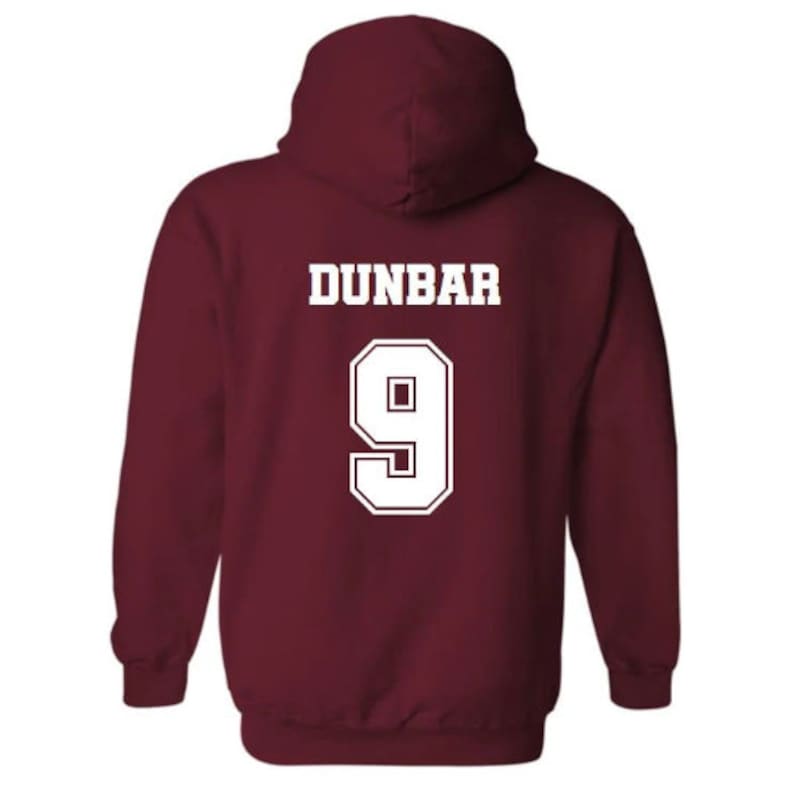 May include: Burgundy hooded sweatshirt with white text that reads "DUNBAR 9" on the back.