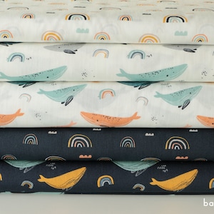 Cotton fabric children's whales and rainbows | Children's fabric poplin from 0.5 m (9.90 EUR/meter)