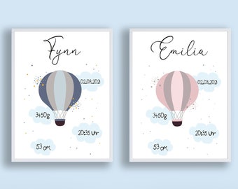 Birth poster Dina4, name poster, birth gift, gift for birth, birth announcement, hot air balloon, girl, boy
