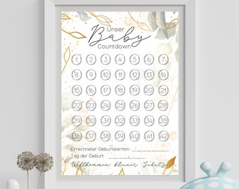 Baby Countdown mit Stickern DINA4, personalisierbar, Baby Meilensteine, Geschenk zur Schwangerschaft, Baby Meilensteinkarten, grün, gold