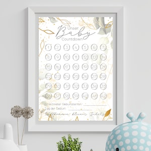 Baby Countdown mit Stickern DINA4, personalisierbar, Baby Meilensteine, Geschenk zur Schwangerschaft, Baby Meilensteinkarten, grün, gold