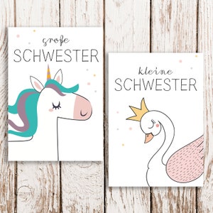 kleine Schwester, große Schwester Postkarte, Geschwisterkarte, Geschwisterpostkarte, Geschenk, Einhorn, Schwan
