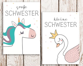little sister, big sister postcard, sibling card, sibling postcard, gift, unicorn, swan