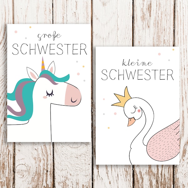 kleine Schwester, große Schwester Postkarte, Geschwisterkarte, Geschwisterpostkarte, Geschenk, Einhorn, Schwan