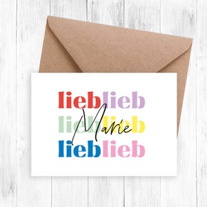 Karte lieb, Freundin, Geburtstagskarte, Postkarte, Namenskarte, bunt, fröhlich