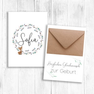 Geburtskarte, Geschenk zur Geburt,  Karte zur Geburt, Namenskarte, Geldgeschenk, Karte mit Kuvert, Namenskarte, Babyparty Geschenk, Reh