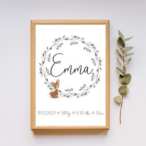 Geburtsposter, Namensposter, Geburtsgeschenk, Geschenk zur Geburt, Geburtsanzeige, Geburtsdatenbild, Reh