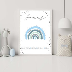 Geburtsposter, Namensposter, Geburtsgeschenk, Geschenk zur Geburt, Geburtsanzeige, Regenbogenposter, Regenbogen, blau