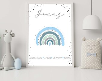 Birth poster, name poster, birth gift, birth gift, birth announcement, rainbow poster, rainbow, blue