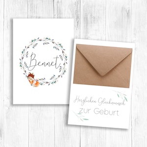 Geburtskarte, Geschenk zur Geburt, Karte zur Geburt, Namenskarte, Geldgeschenk, Karte mit Kuvert, Namenskarte, Babyparty Geschenk, Fuchs