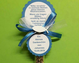 Cartão de presente para convidados, sementes de flores, abelhas e ímã de abelha, texto desejado com nome e data em cores individuais. Também como um cartão de lugar