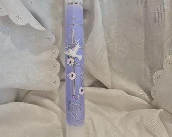 Communion candle 40 x 4 or 40 x 5 cm in white or ivory. Purple white silver glitter. Cross Pisces Dove