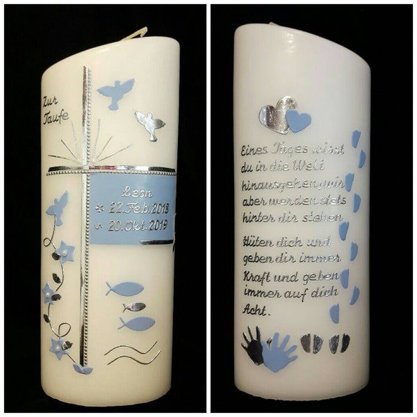 Christening candle diagonally oval OR round 25 x 8 cm white silver light blue. Pisces pigeon.  Individual colours. Name Date. Request text Baptismal Motto: Psalm