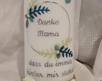 Kerze  Muttertag Vatertag Muttertagskerze   Spruch Geschenk zum Vatertag personalisiert farblich individuell hellgrün Petrol Taupe silber