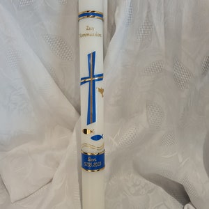 Communion candle, baptism candle 40 x 4, 40 x 5, or 35 x 5 cm white or ivory. Blue gold cross dove fish name date individual boy