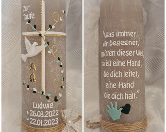 Baptismal candle rustic 190 x 68 mm sand gray Alpha Omega white mint dark green cross dove. Desired text psalm baptism saying tea light insert can be selected