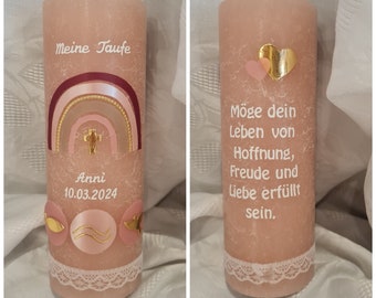 Taufkerze Rustik  190 x 68 mm rosa weiss gold weinrot  Anker Herz  Kreuz Tauben Regenbogen Boho Name Datum . Wunschtext Psalm Taufspruch