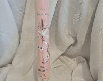 Communion candle, baptismal candle, 40 x 4, 40 x 5, 35 x 5 cm, white, ivory, girl, pink, white, glitter, silver, cross, fish, dove