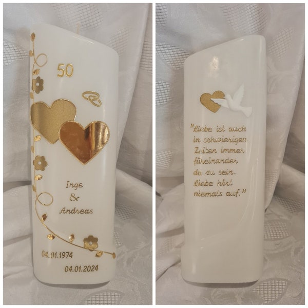 Wedding candle golden wedding 50 years oblique oval pure white gold dove Individual colour. hearts