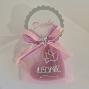 Regalo para invitadas jabón de leche de oveja corazón rosa rosa viejo para bautizo, comunión, boda. Individuales en color. Tarjetas con el texto deseado