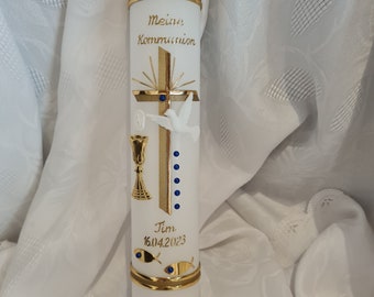 Communion candle 30 x 5 cm or 30 x 6 cm in pure white or ivory gold matt gold goblet dove fish