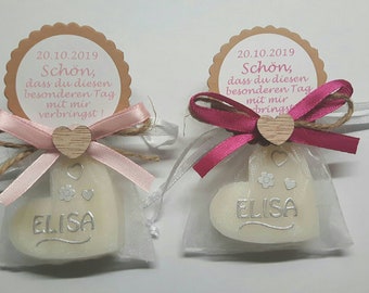 Guest gift sheep's milk soap heart for baptism, communion, confirmation, Hocheit. Individual colour and with desired text