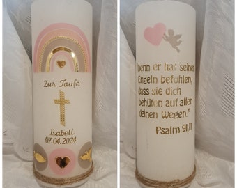 Baptismal candle rustic 190 x 68 mm pink white gold pink taupe heart fish cross dove. Rainbow wish text psalm baptism saying