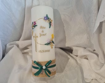 Vela nupcial, ovalada o redonda inclinada, 25 x 8 cm, blanca pura, multicolor (verde, dorado), texto personalizado, versículo nupcial, salmo, colores personalizados. Flores, cruz.