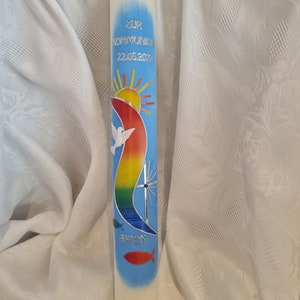 Communion candle baptism candle 40 x 4, 40 x 5, 35 x 5 cm white ivory rainbow sun cross dove fish blue underlay