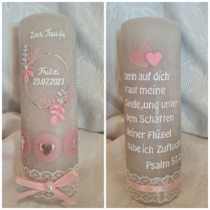 Baptismal candle rustic 190 x 68 mm sand gray white silver anchor heart cross dove pink. Desired text psalm baptism saying tealight insert can be selected