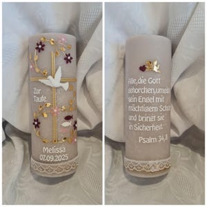 Rustic baptism candle 190 x 68 mm sand-grey pink wine red gold cross dove. Custom text psalm baptismal verse. Glass tealight insert available.