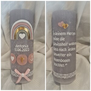 Baptismal candle rustic rainbow 190 x 68 mm purple lilac white pink gold anchor heart fish cross dove. Psalm baptismal saying tealight insert.