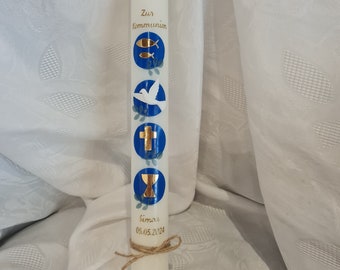 Bougie de communion 40 x 4 ou 40 x 5 cm blanche ou ivoire. Bleu foncé or blanc vert. Incl. Nom Date de communion.
