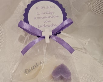 Guest gift for baptism or communion Sheep's milk soap heart and fish Individually colored with desired text