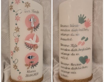 Taufkerze schräg oval reinweiss Wachsverzierung rosa taupe smaragdgrün. Wunschtext Psalm Taufspruch