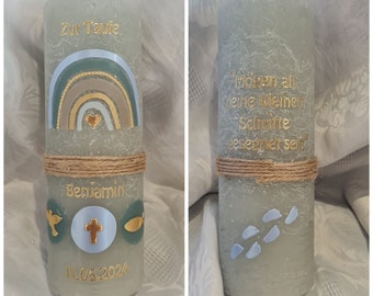 Baptismal candle rustic 190 x 68 mm light green boho rainbow cross dove fish anchor heart. Light blue green hand decorated desired text psalm baptismal saying