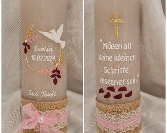 Taufkerze Rustik 190 x 68 mm sandgrau weiss rosa weinrotKreuz Taube. Wunschtext Psalm Taufspruch. Teelichteinsatz wählbar