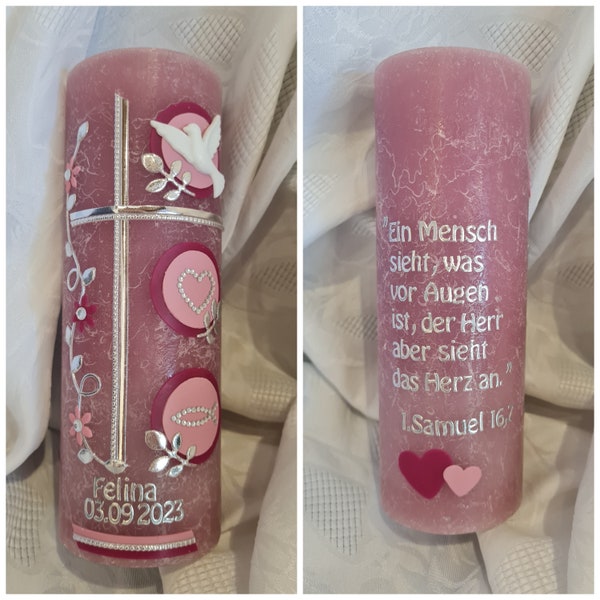 Taufkerze Rustik  190 x 68 mm pink rosa   silber Kreuz Herz Fisch Kreuz Taube.  Wunschtext Psalm Taufspruch