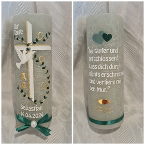 Baptismal candle rustic 190 x 68 mm light green white sage green dark green gold alpha omega cross dove. Desired text psalm baptism saying