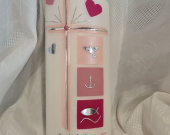 Baptism candle slanted oval mother of pearl brushed 23 x 9 x 5.5 cm silver pink rose old pink hearts cross dove anchor